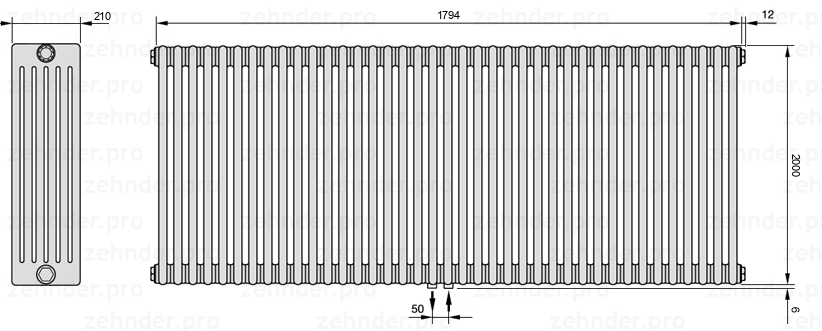 Схема (чертеж) Радиатор Zehnder Charleston 6200/39 №5410 Белый глянцевый RAL 9016
